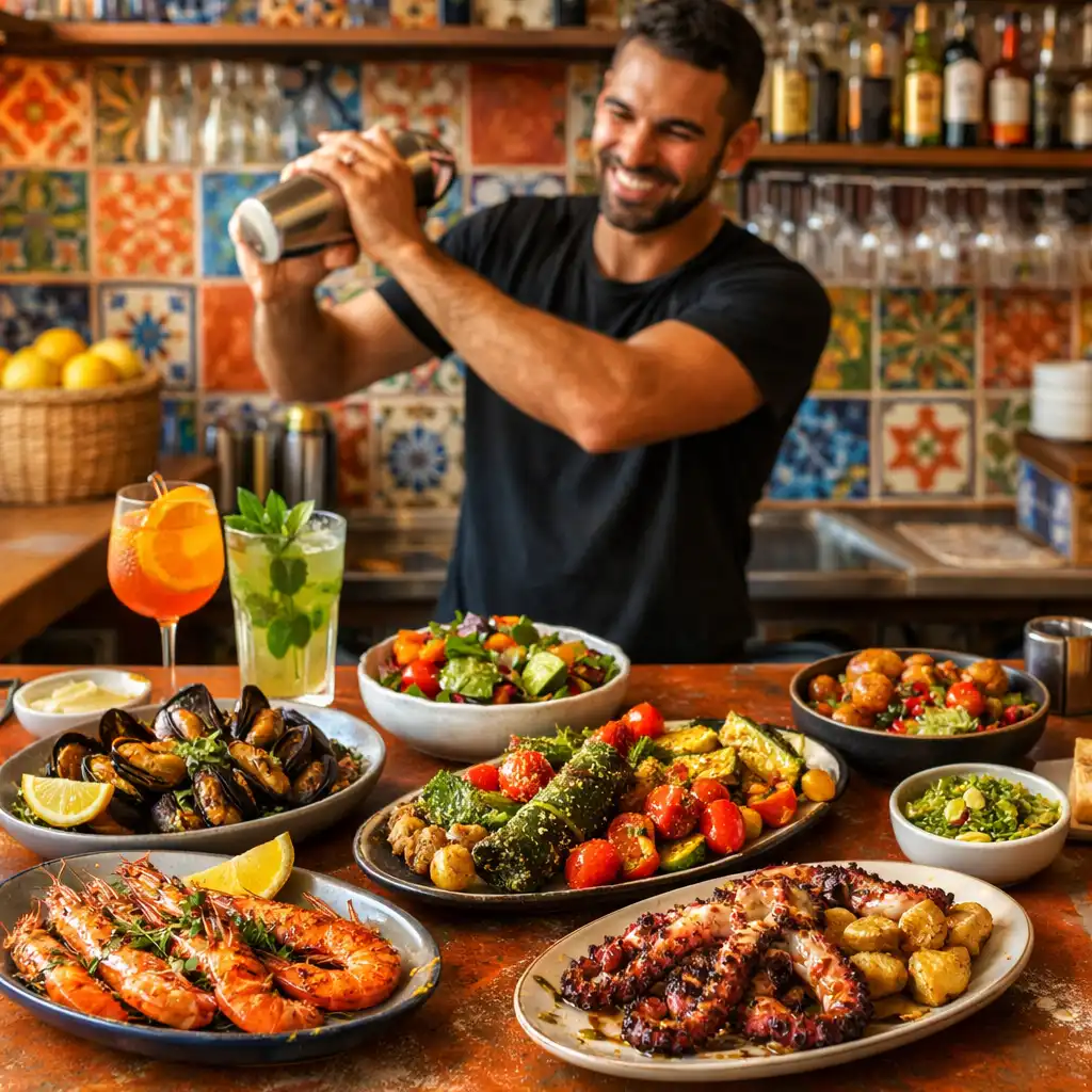 Comptoir de brasserie méditerranéenne avec des plats colorés, des carreaux de céramique et une ambiance ensoleillée