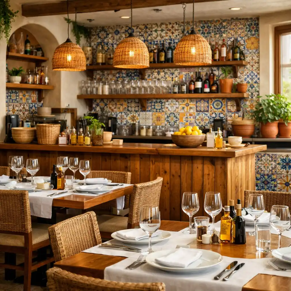 Intérieur lumineux du restaurant avec carreaux de céramique colorés et comptoir en bois