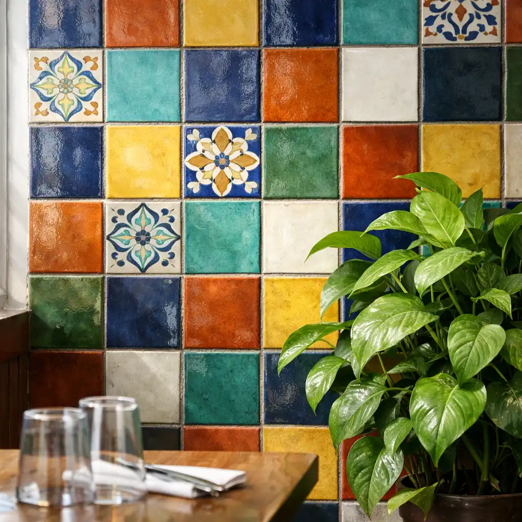 Détail d'un mur de carreaux de céramique colorés avec plante verte