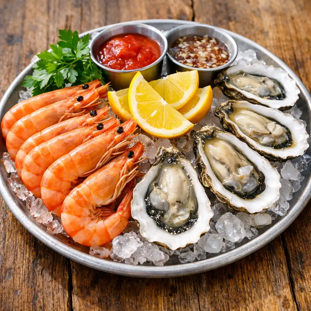 Assiette de fruits de mer frais avec crevettes, huîtres et citron