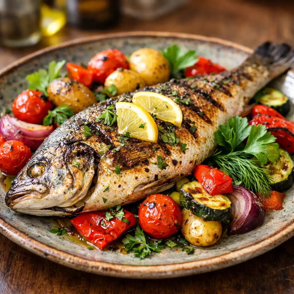 Plat signature de poisson grillé avec légumes rôtis