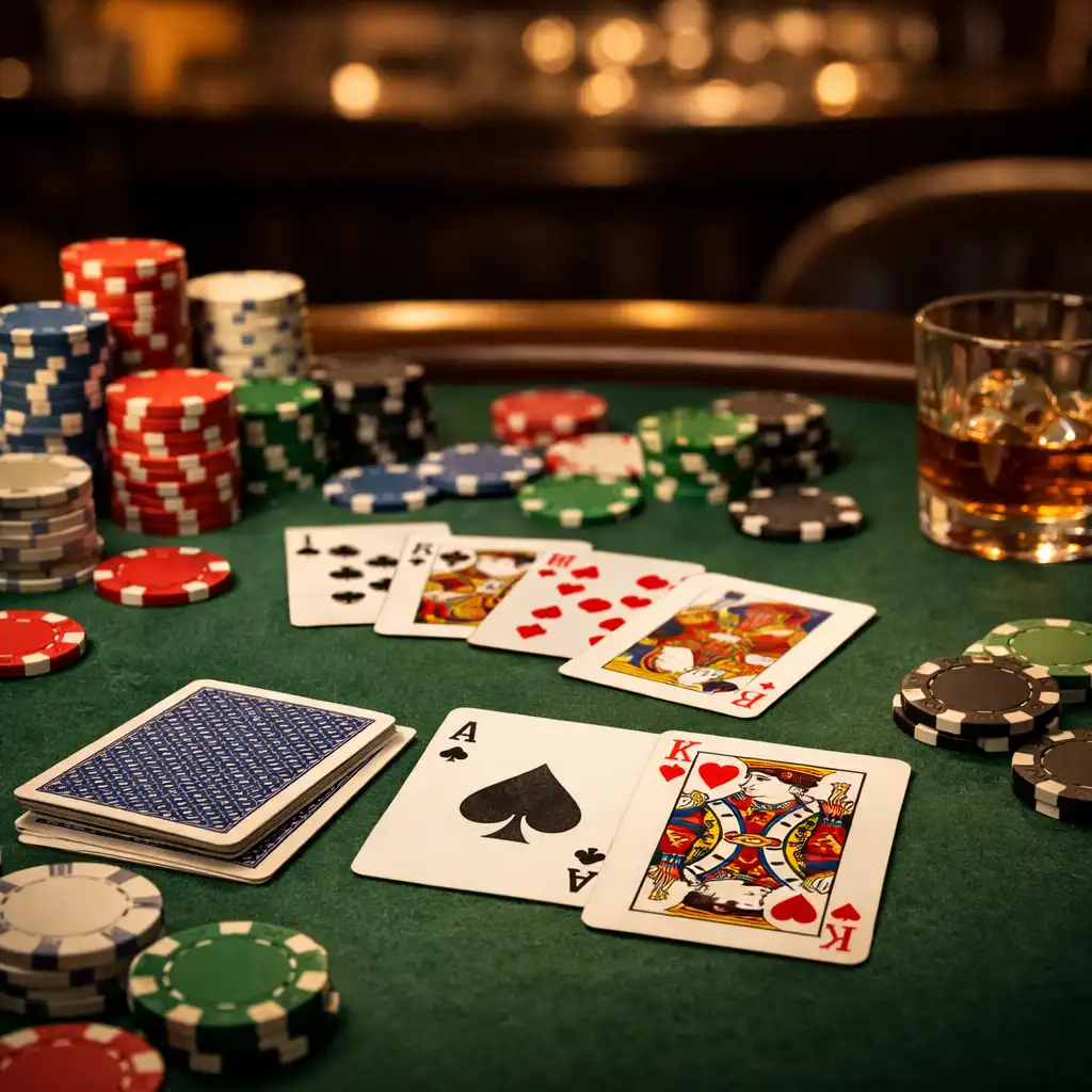 Table de poker avec cartes et jetons dans l'espace salon du Grandvelvetstay